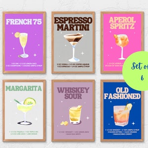 Minimalistyczna sztuka barowa Barowe wydruki akwarelowe, plakaty koktajlowe retro, wydruki na wózku barowym, Happy Hour Wall Art Kolorowe wydruki alkoholowe, dekoracje na napoje