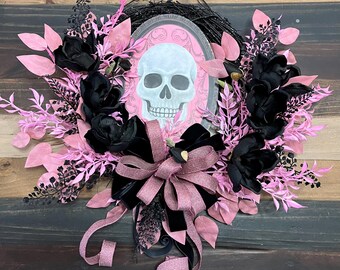 Gothic Pink and Black Skull Wreath