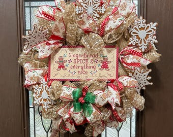 Gingerbread-Themed Christmas Wreath with Festive Ribbons and Sign