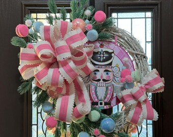 Whimsical nutcracker pastel Christmas wreath -18- inch white Grapevine delight
