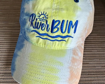 River Bum Tie-Dyed Blue, Yellow, White and Orange embroidered The Game baseball hat, River Life, Fun Vacation Hat