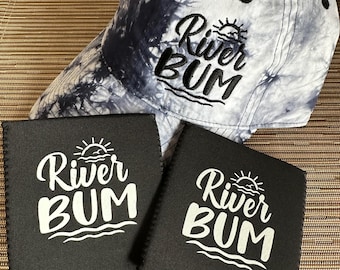 River Bum Tie-Dyed Navy Blue and White embroidered The Game baseball hat, River Life, Fun Vacation Hat with black neoprene matching koozies