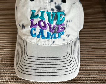 Live Love Camp black and white Tie-Dye embroidered The Game baseball hat, Camp Life, Fun Vacation Camping retro 70's hat Custom