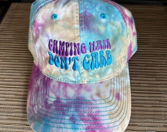 Camping Hair Don't Care Rainbow Tie-Dye embroidered The Game baseball hat, Camp Life, Fun Vacation Camping retro 70's hat Custom