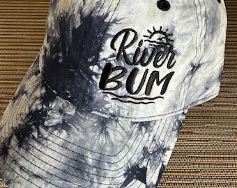 River Bum Tie-Dyed Navy Blue and White embroidered The Game baseball hat, River Life, Fun Vacation Hat
