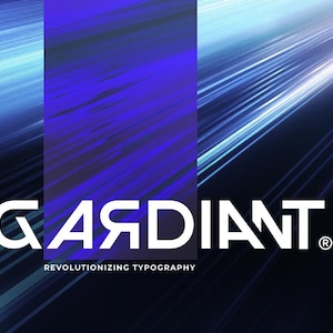 Puede incluir: Arte digital abstracto con un degradado de azules y rayas blancas. La palabra "GARDIANT" está en blanco, en negrita, con el lema "REVOLUTIONIZING TYPOGRAPHY" debajo.