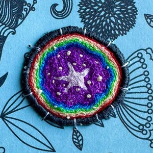 May include: A light blue card with the words "THANK YOU" in black. The card features a colorful embroidered patch with a star design. The card is decorated with black floral patterns and the text "paperandsewing@etsy".
