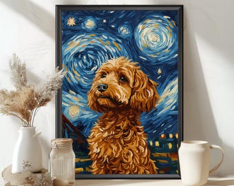 Brown Cockapoo Starry Night Poster –Vincent Van Gogh Style Dog Art Print, Swirling Stars & Bright Colors, Cockapoo Wall Art, Pet Lovers Gift
