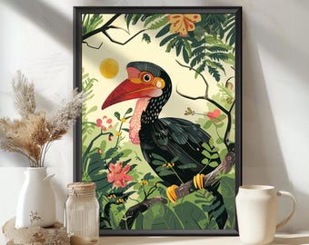 Oiseau calao casqué, impression d'art de la faune, illustration d'espèces en voie de disparition, cadeau d'observateur d'oiseaux