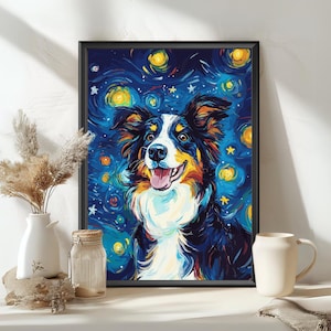 Border Collie Starry Night – Van Gogh-Inspired Dog Poster, Swirling Stars & Bright Colors, Dog Lovers Wall Art, Gift for Border Collie Fans