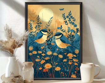 Blue Tit Bird Poster, British bird art, Blue Tits bird, Wall Art Print, Bird Watcher, Wildlife Home Decor