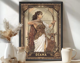 Diana Goddess Poster, Roman Goddess Diana, Goddess of the hunt, the moon, and nature, Roman Mythology, Ancient Rome Art