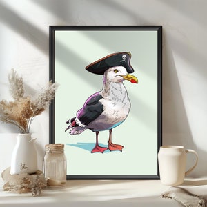 May include: A cartoon illustration of a seagull wearing a black pirate hat with a skull and crossbones design. The seagull has a white body with black wings and a yellow beak. The background is a light green color.