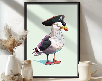 The Gull Pirate! Seagull Poster, Seagull bird print, Seagulls Art, Laughing Seagull