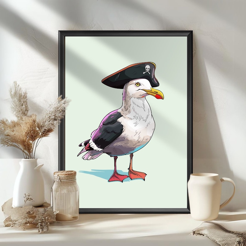 May include: A cartoon illustration of a seagull wearing a black pirate hat with a skull and crossbones design. The seagull has a white body with black wings and a yellow beak. The background is a light green color.