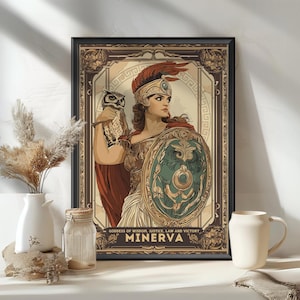 May include: Framed art print featuring a depiction of Minerva, the Roman goddess of wisdom, justice, law, and victory. The artwork showcases Minerva with an owl, shield, and helmet. The print has a vintage aesthetic with a brown and gold color palette.
