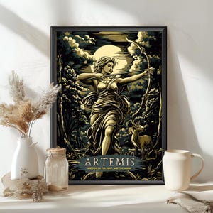 Artemis Goddess Poster, Artemis Greek Goddess, Greek Mythology, Ancient Greek Art, Goddess hunt and moon Printable Decor of Artemis Goddess