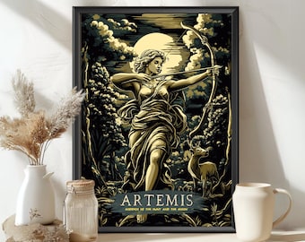 Artemis Goddess Poster, Artemis Greek Goddess, Greek Mythology, Ancient Greek Art, Goddess hunt and moon Printable Decor of Artemis Goddess