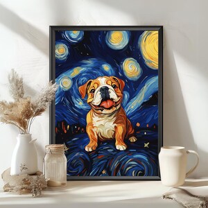 Bulldog Sternennacht Poster - Vincent van Gogh inspirierter Hund Kunstdruck, wirbelnde Sternmuster, bunte Haustier-Wanddekoration, dunkelblauer Sternenhimmel