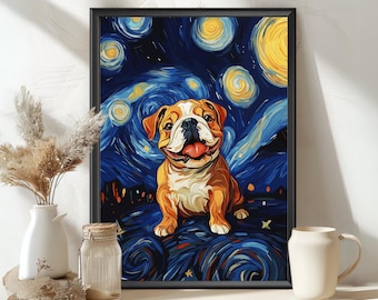 Bulldog Starry Night Poster – Vincent van Gogh Inspired Dog Art Print, Swirling Star Patterns, Colorful Pet Wall Decor, Dark Blue Starry Sky