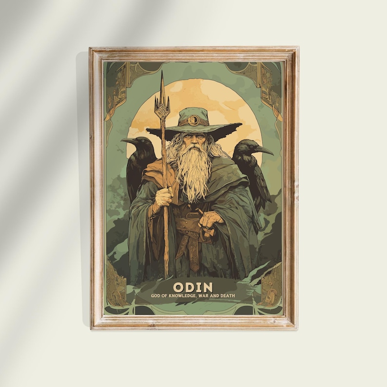 May include: A vintage-style poster featuring Odin, the Norse god of knowledge, war, and death. He is depicted with a long white beard, wearing a blue hat and a dark robe. He holds a spear in his right hand and is flanked by two black ravens.