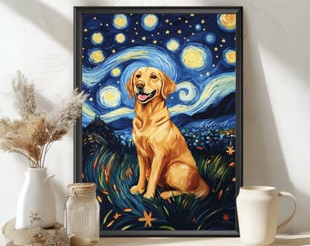 Labrador Retriever Van Gogh Style Poster – Starry Night Dog Art Print, Colorful Labrador Wall Art, Dog Lover Gift, Swirling Starry SkyCanvas