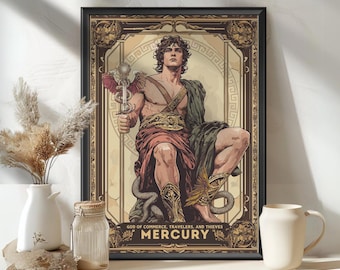 Mercury God Poster, Roman God Mercury, Messenger of the Gods, God of commerce, travelers, and thieves, Roman Mythology, Ancient Rome Art