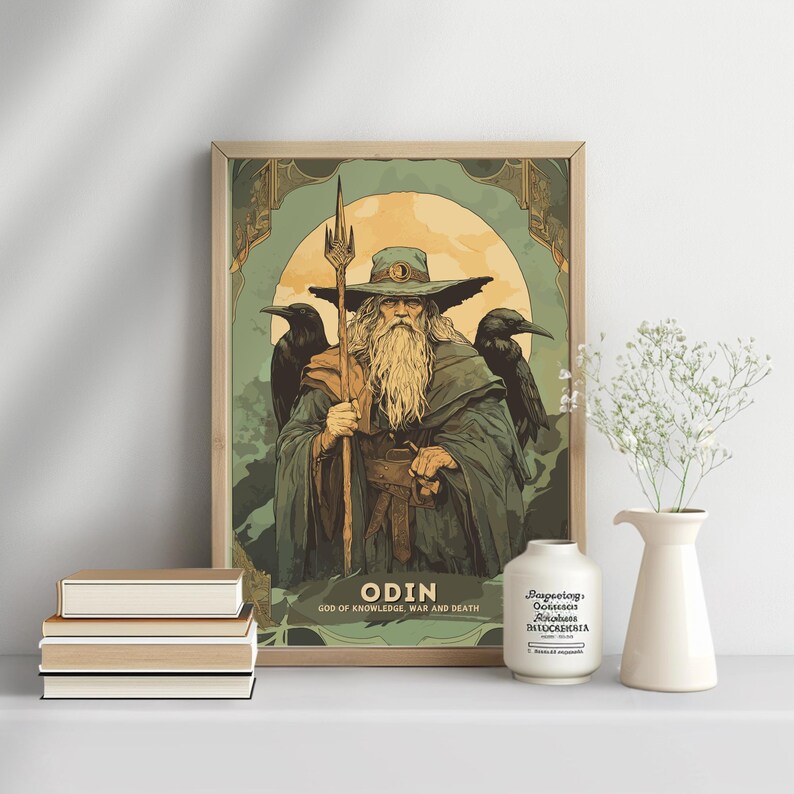 May include: A vintage-style poster featuring Odin, the Norse god of knowledge, war, and death. He is depicted with a long white beard, wearing a green cloak and a pointed hat. He holds a spear in his right hand and is accompanied by two ravens.