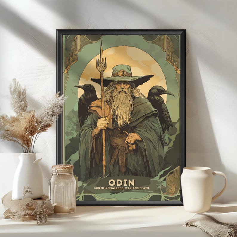 May include: A vintage-style poster featuring Odin, the Norse god of knowledge, war, and death. He is depicted with a long white beard, wearing a blue hat and a green cloak, holding a spear and accompanied by two ravens. The poster has a green background with a yellow sun and a black frame.