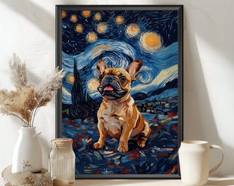 Black and White French Bulldog Frenchie Art Starry Night Art Print