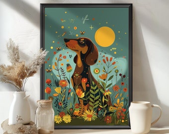 Wienerhundtryck, korvhundaffisch, taxvalpkonst, weinhund, weeniehund, wienerhund, doxie-väggkonst