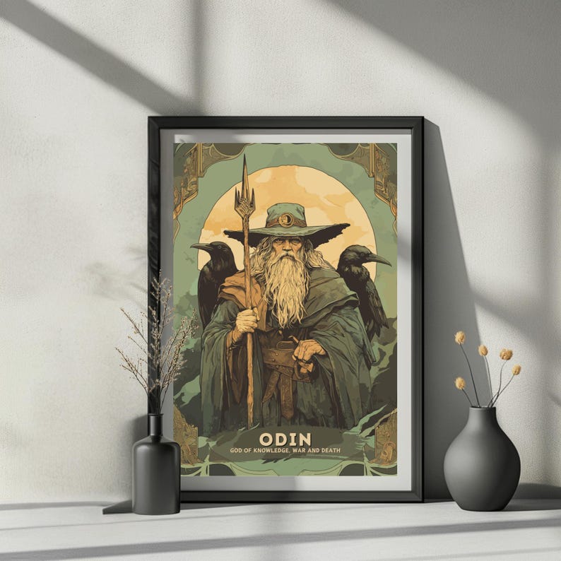May include: A vintage-style illustration of Odin, the Norse god of knowledge, war, and death. He is depicted with a long white beard, wearing a green cloak and a wide-brimmed hat. He holds a spear in his right hand and is flanked by two ravens.