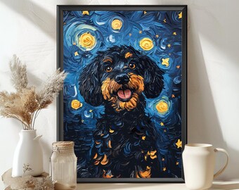 Black Cockapoo Dog Poster – Van Gogh Starry Night Inspired Painting – Swirling Starry Background – Pet Art Print