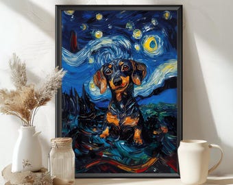 Sausage Dog Starry Night Poster – Dachshund Van Gogh Style Wall Art, Swirling Stars Dog Print, Pet Lover Gift, Whimsical Dog Decor