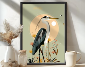 Heron Poster, Heron art, Blue heron bird, Heron Wall Art Print, Bird Watcher, Wildlife Home Decor