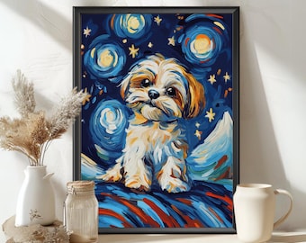 Shih Tzu Starry Night Art Print, Dog Lover Gift, Home Decor Canvas