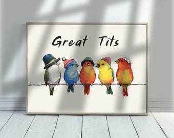 Great Tits Poster, Tit Bird, Funny Print Funny, Funny Wall Decor, Titi Bird Art