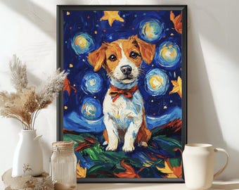 Jack Russell Terrier Starry Night Poster – Van Gogh Style Dog Art Print, Colorful Pet Wall Decor, Starry Night Dog Painting, Dog Lover Gift