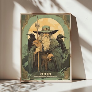 May include: A vintage-style poster featuring Odin, the Norse god of knowledge, war, and death. He is depicted with a long white beard, wearing a blue hat and a green robe. He holds a spear in his right hand and is flanked by two black ravens.