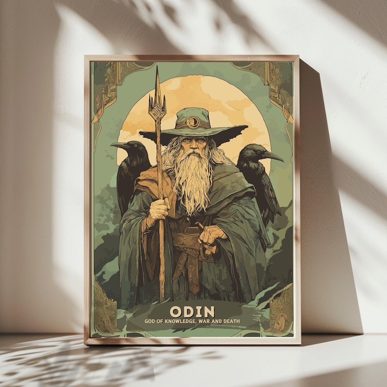 May include: A vintage-style poster featuring Odin, the Norse god of knowledge, war, and death. He is depicted with a long white beard, wearing a blue hat and a green robe. He holds a spear in his right hand and is flanked by two black ravens.