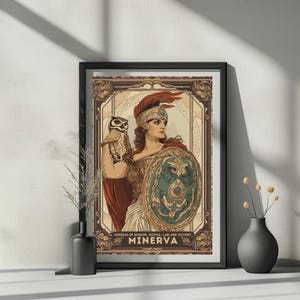 May include: Framed art print featuring Minerva, the Roman goddess of wisdom, justice, law, and victory. The artwork depicts Minerva with an owl and shield. The print has a vintage style with a brown, beige, and teal color palette.