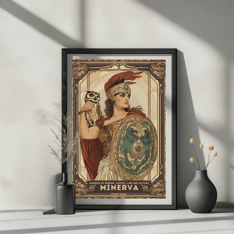 May include: Framed art print featuring Minerva, the Roman goddess of wisdom, justice, law, and victory. The artwork depicts Minerva with an owl and shield. The print has a vintage style with a brown, beige, and teal color palette.