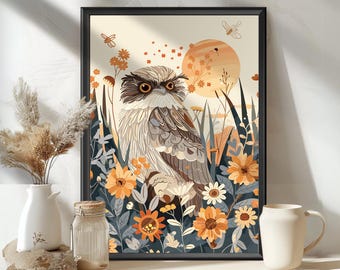 Tawny Frogmouth Bird, Wildlife Art Print, Endangered Species Illustration, Birdwatcher Gift