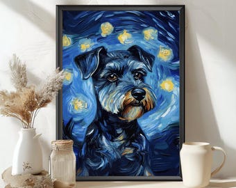 Miniature Schnauzer Starry Night Poster – Van Gogh Inspired Dog Art Print, Whimsical Pet Wall Art, StarryNightSchnauzerPainting DogLoverGift