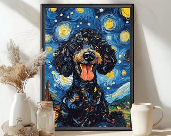 Black Poodle Starry Night Poster – Van Gogh Inspired Dog Art, Dark Blue Starry Sky Swirling Stars Colorful Poodle Print Dog Lover Gift Pet