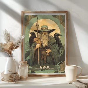 May include: A vintage-style illustration of Odin, the Norse god of knowledge, war, and death. He is depicted with a long white beard, wearing a blue hat and a green cloak. He holds a spear in his right hand and is flanked by two black ravens.