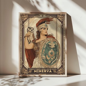 May include: A framed print featuring Minerva, the Roman goddess of wisdom, justice, and victory. She is depicted with an owl, wearing a helmet and holding a shield. The print has a vintage aesthetic with ornate borders and the text "Goddess of Wisdom, Justice, Law and Victory" and "Minerva".