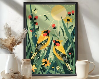 Goldfinch Birds Poster, British bird art, Gold Finch Wall Art Print, Yellow Finches Wildlife Home Decor