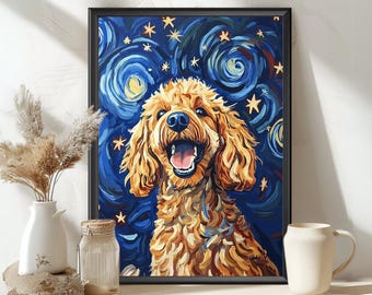 Brown Poodle Starry Night Poster – Van Gogh Style Dog Art Print, Starry Sky Poodle Wall Art, Whimsical Pet Decor, Dog Lover Gift