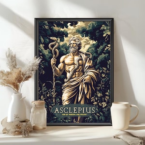Plakat Boga Asklepiosa, Bóg grecki Asklepiosa, Bóg grecki, Mitologia grecka, Starożytna sztuka grecka, Bóg medycyny, Wystrój do druku Boga Asklepiosa